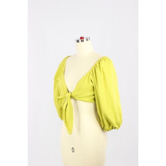 FARM RIO Chartreuse Green Linen Front Tie Puff Sleeve Crop Top Blouse, Size PP - Picture 7 of 15